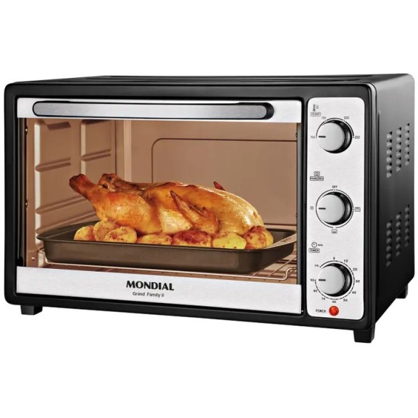 Forno Elétrico de Bancada Mondial com Timer - 52L Preto e Prata Grand Family II